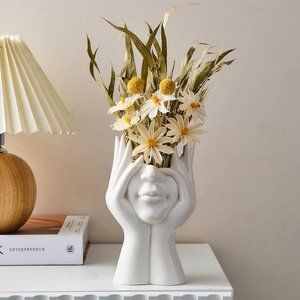 New Anthropologie Boho White Ceramic Female Face Abstract Flower Vase